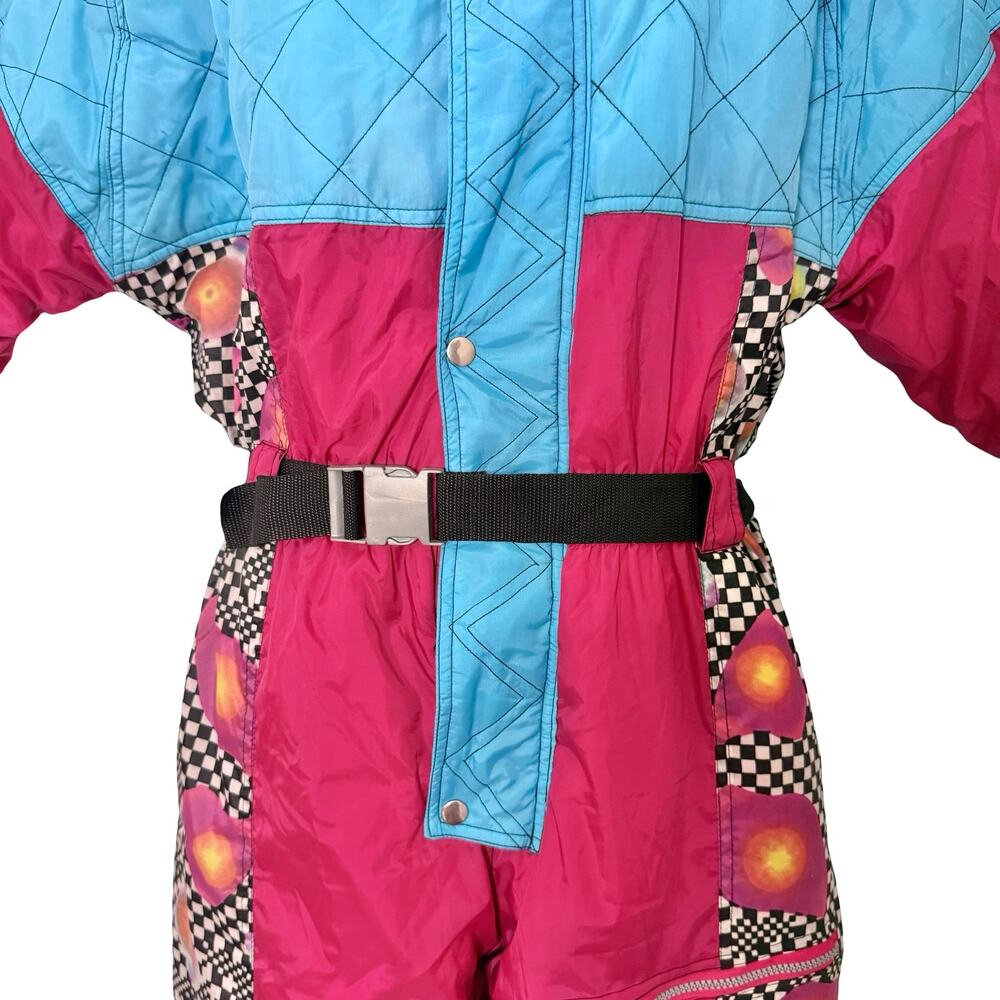 Vintage 90s Blue Pink Checkerboard Hooded Ski Suit One Piece Size S *GOOD* - Picture 10 of 16